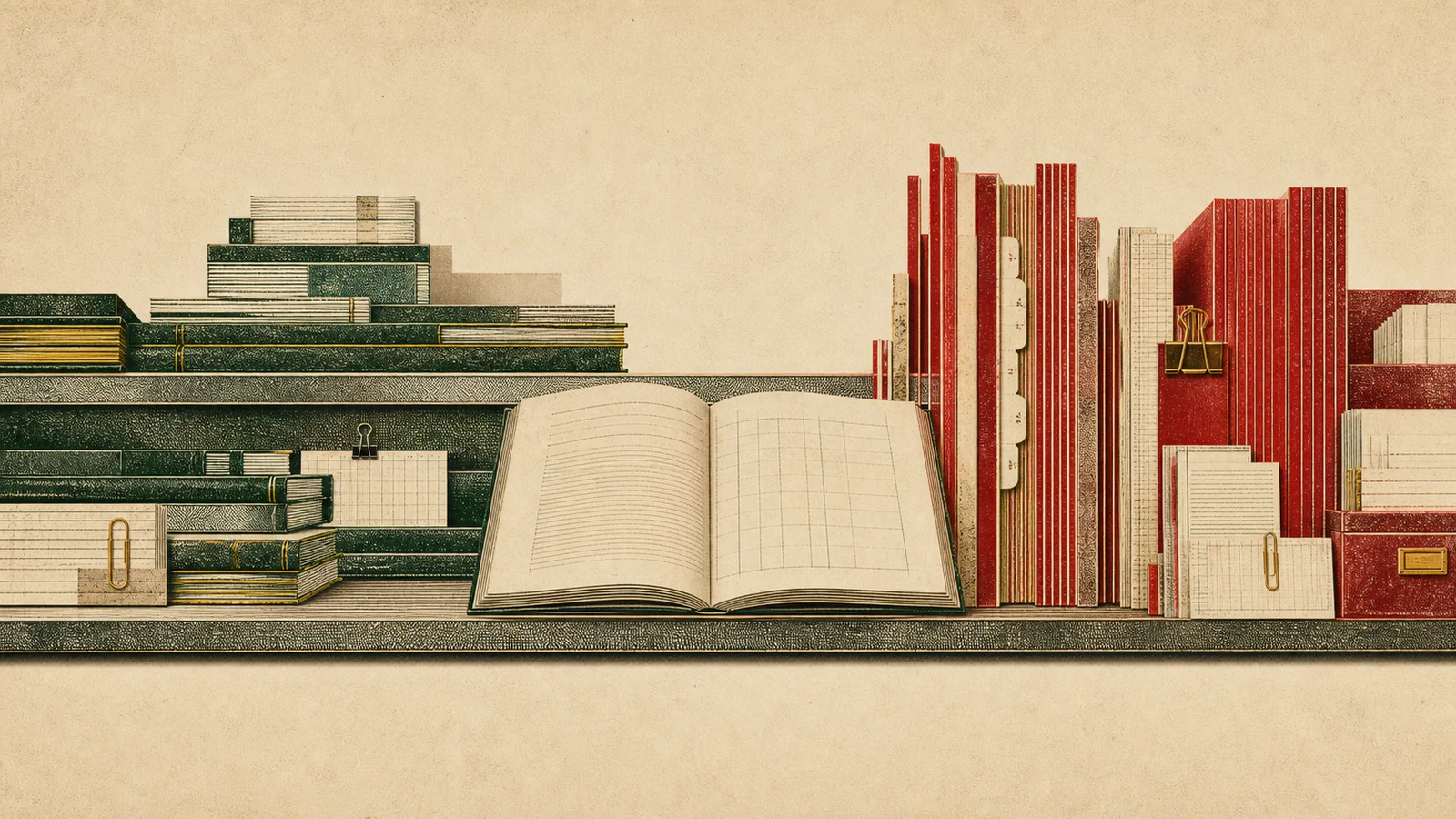 An evidence library of horizontally stacked Money research and vertically shelved Power research