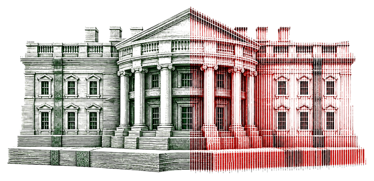 The White House engraved in the manner of a banknote plate: its left half in green currency hatching, its right half in red vertical bars.