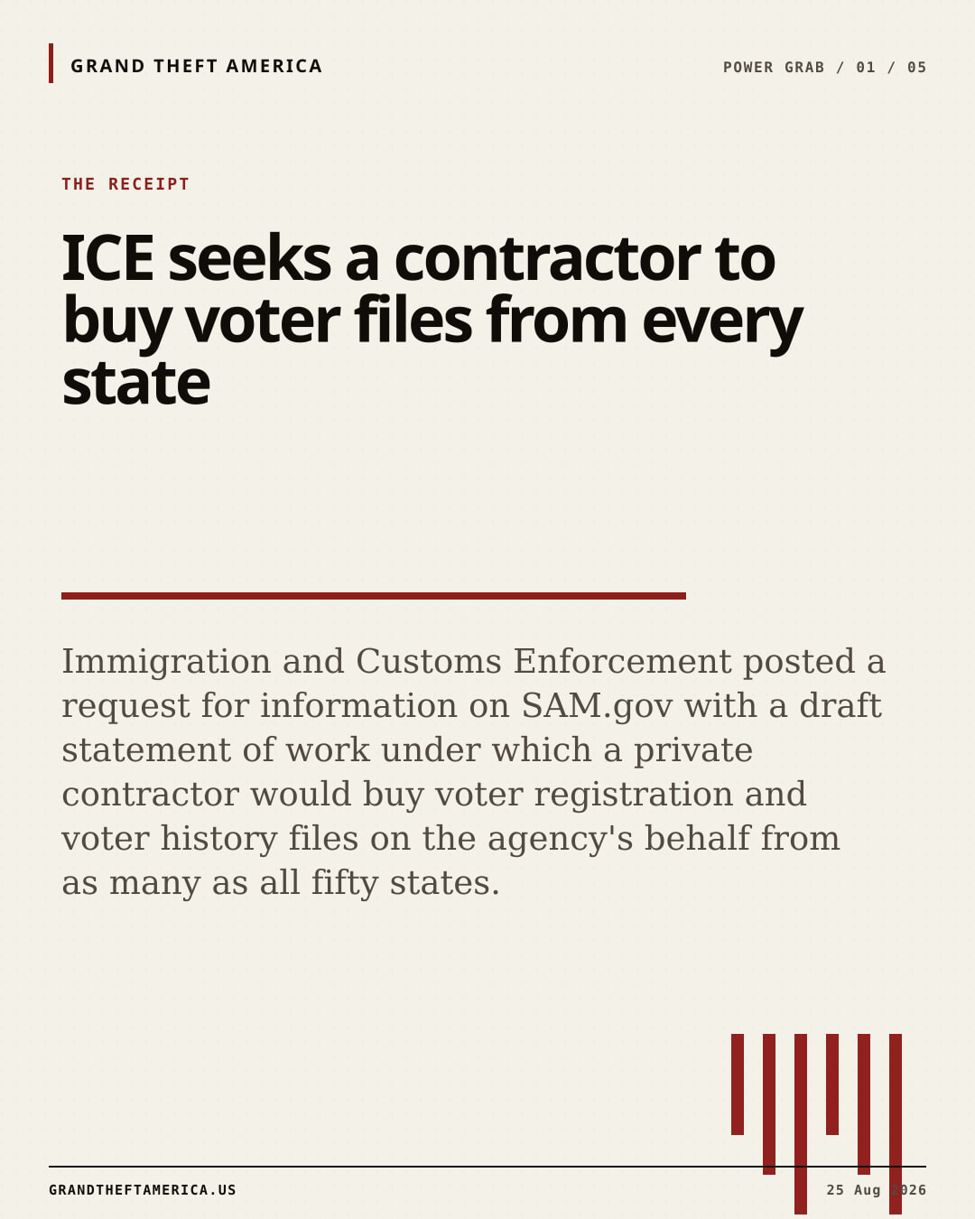 The receipt slide for ICE seeks a contractor to buy voter files from every state