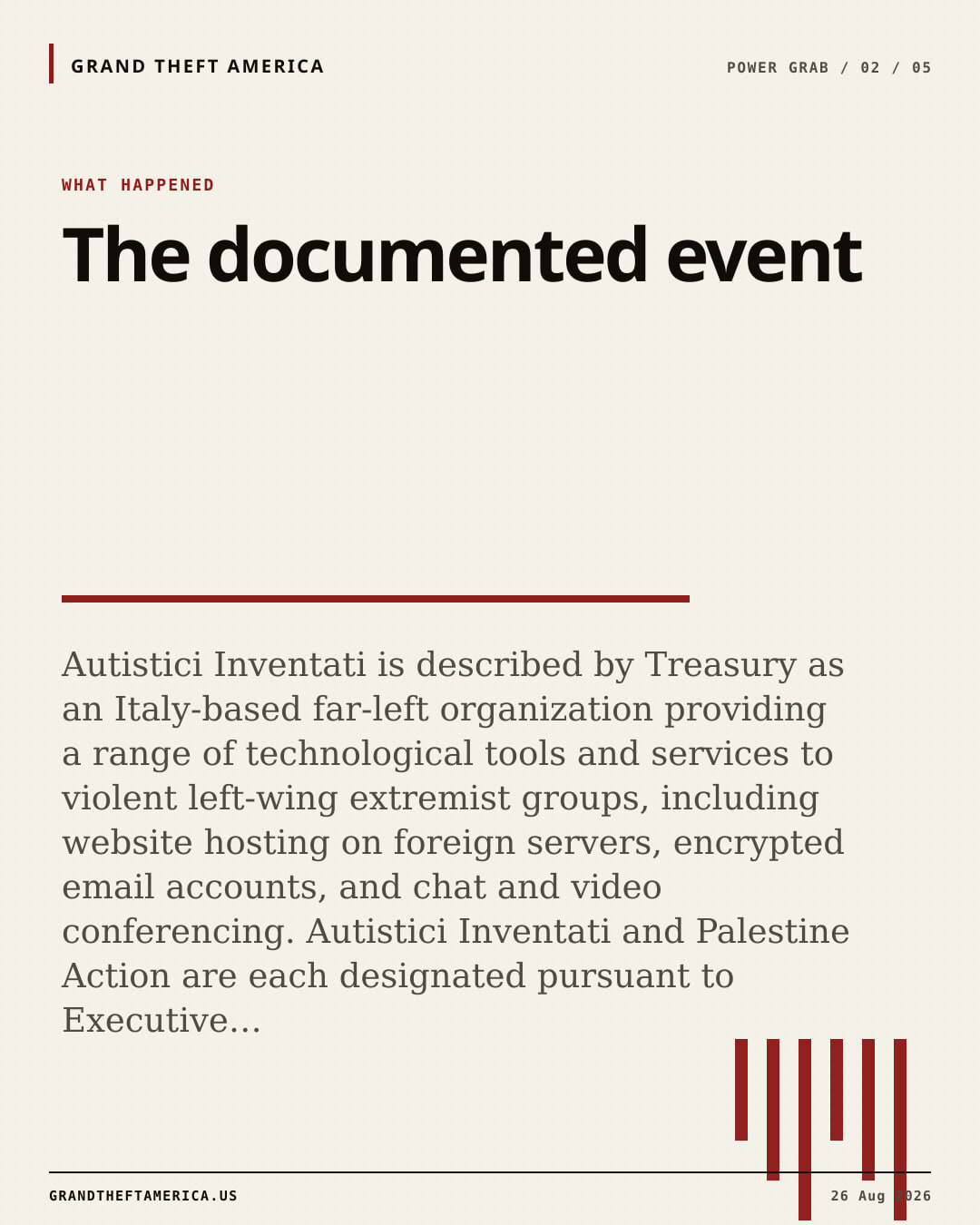 What happened slide for Treasury designates Autistici Inventati, Palestine Action and Masar Badil under the counterterrorism order E.O. 13224