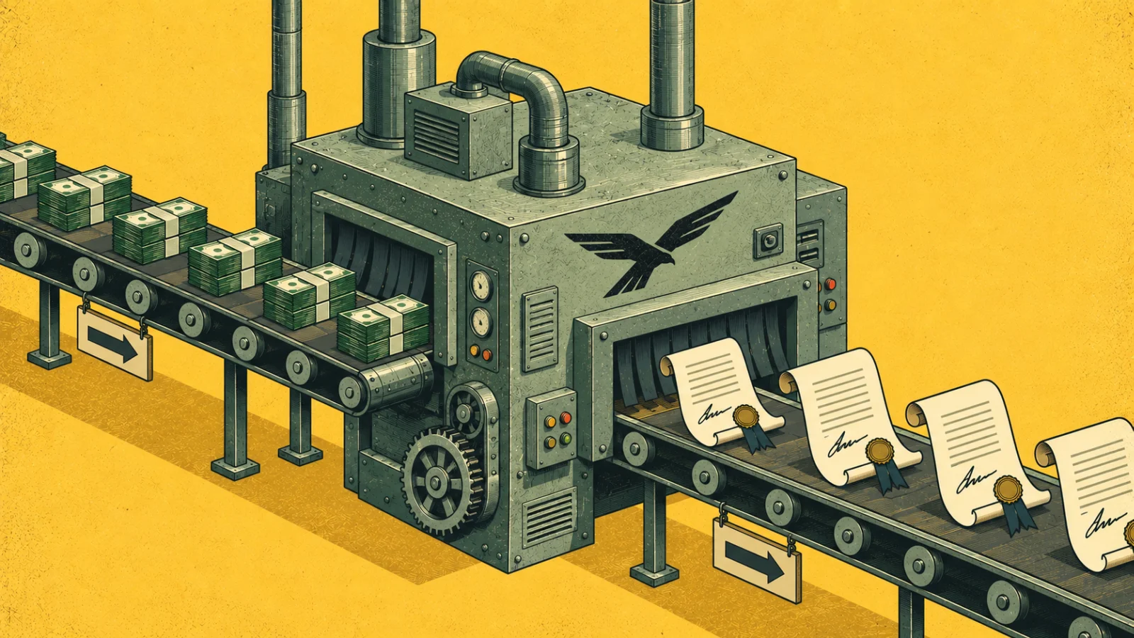 Engraved illustration of a factory machine. Stacks of cash ride a conveyor in; sealed government documents ride a conveyor out.