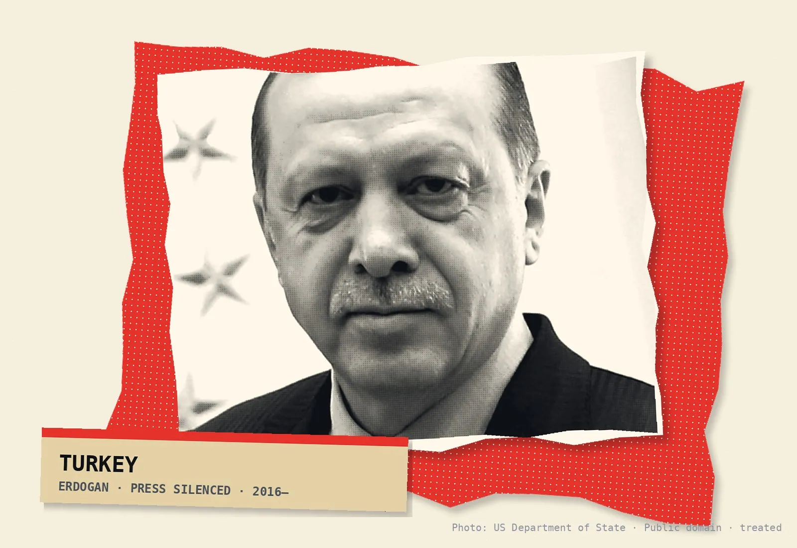 Recep Tayyip Erdoğan — treated archival photo on torn red paper, captioned Turkey, press silenced, 2016