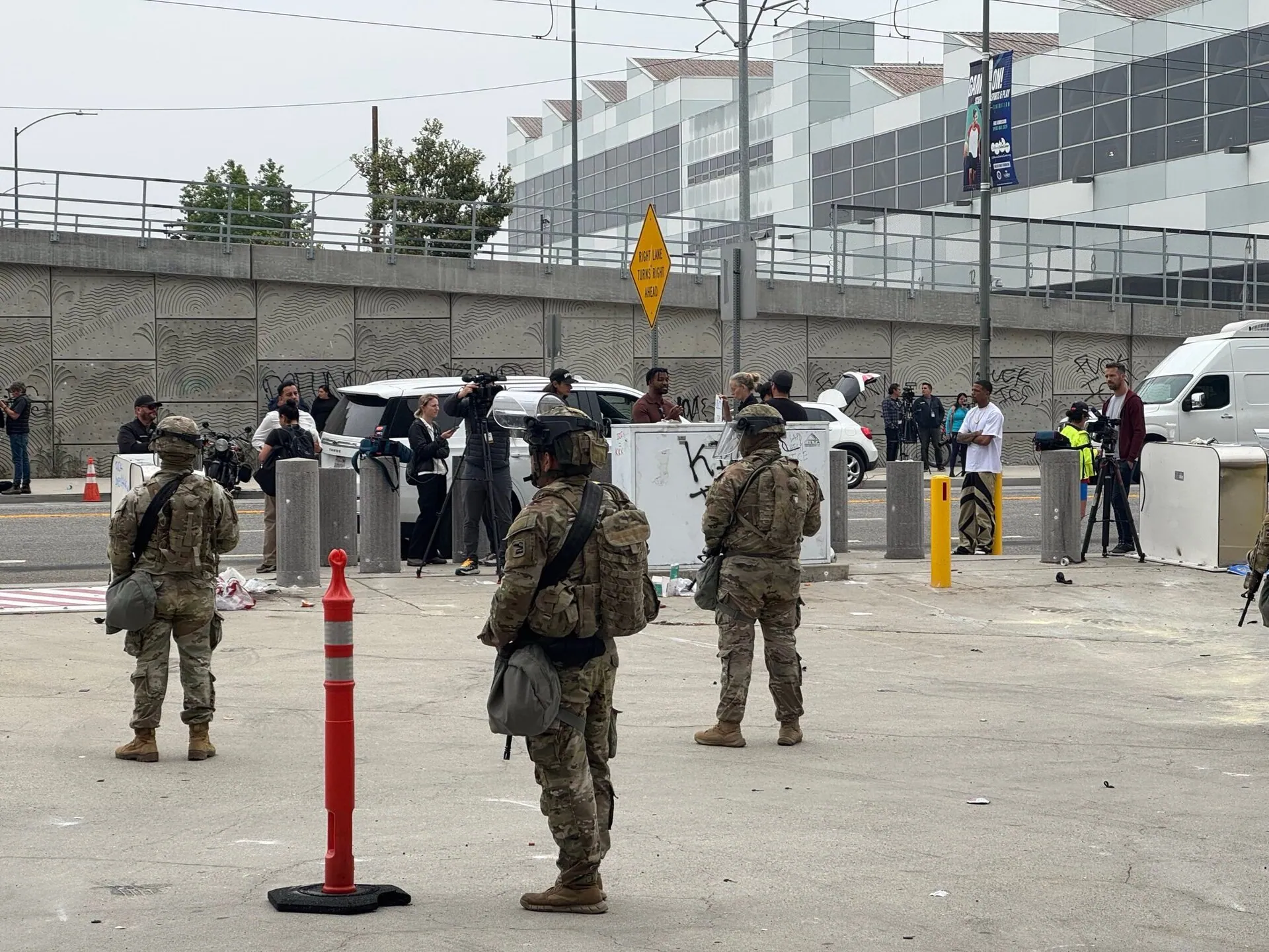National Guard troops deployed on an American city street, June 2025